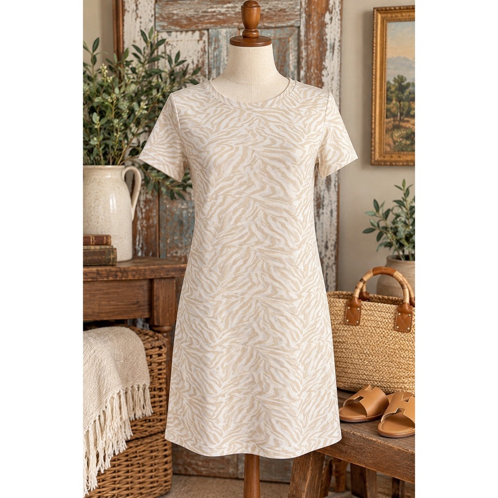Tyler Boe XS Beige Zebra Print T Shirt Dress Short Sleeve Safari Coastal Chic